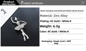 Detailed specification of a zinc alloy ballerina brooch with crystal rhinestones and plating