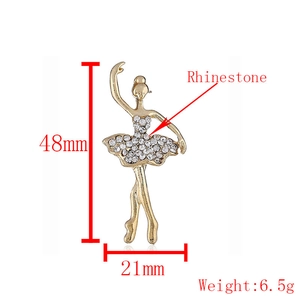 Elegant gold-plated ballet dancer brooch with sparkling rhinestones, 48mm height