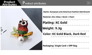 Detailed macro view of zinc alloy owl brooch with resin stones and dangling pearl