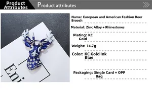 Détail d'une broche cerf avec émail bleu foncé et strass, affichant un poids de 14,7g