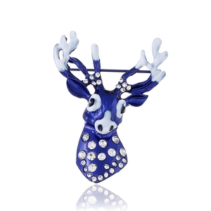 Broche Renne de Noël pour Femmes Vintage Bleu Encre Émail Épingle de Faon Avec Strass Bijoux de Fête de Vacances