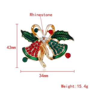 Christmas bowknot bell brooch with red and green rhinestones and enamel finish