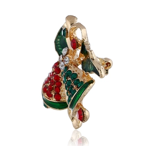 Christmas bell brooch with gold base, red and green rhinestones and enamel accents
