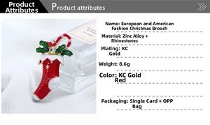 Detail of Christmas stocking brooch with red enamel, KC gold plating and white rhinestones