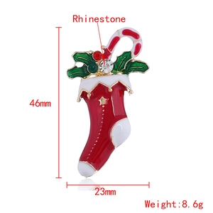 Christmas stocking brooch with red white enamel, green leaf, rhinestone and alloy base