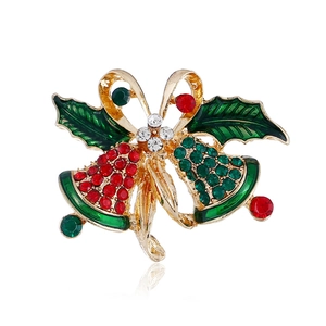 Christmas Bell Bow Brooch Alloy Rhinestone Enamel Holly Leaf Brooch Pin For Women Festive Holiday Party Jewelry Accessory