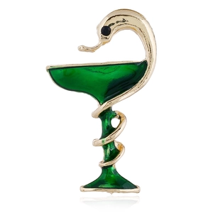 Brosche „Schale der Hygieia“ in Gold mit grünem Emaille und schwarzem Edelstein
