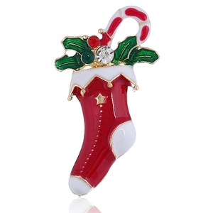 Christmas Stocking Brooch Pin Zinc Alloy Enameled Rhinestone Candy Cane Holly Leaf Festive Jewelry Gift For Women