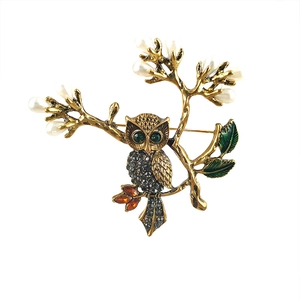 Vintage Owl Branch Brooch With Rhinestone Faux Artificial Pearl Antique Gold Silver Animal Pin For Women Forest Style Jewelry Gift