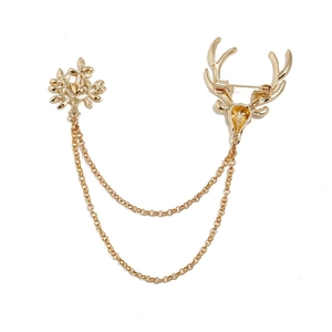 Golden reindeer and tree chain brooch set with vintage rhinestone design for Christmas