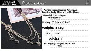 Detail of multi-layer rhinestone floral necklace with silver and gold finish attributes