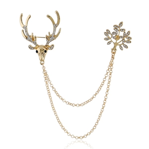 Vintage Reindeer Tree Double Chain Brooch Gold Plated Alloy Rhinestone Festive Lapel Pin For Women Christmas Jewelry
