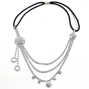 Elegant silver flower headband with rhinestone tassels and elastic hair chain for brides