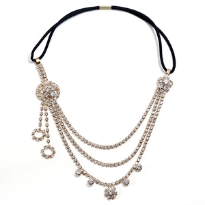 Elegant Flower Rhinestone Headband Bridal Wedding Elastic Head Chain Multi Layer Tassel Headpiece Gold Silver Jewelry