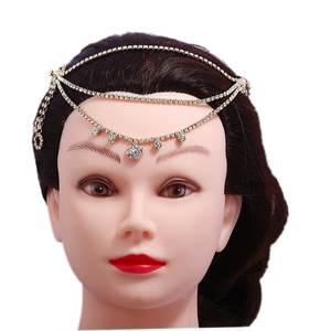 Elegant gold multi-layer fringe head chain with flower crystal pendant and rhinestones