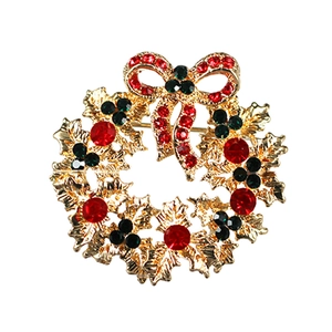Christmas Wreath Bowknot Brooch Alloy Rhinestone Inlaid Festive Garlands Pin For Women Christmas Party Jewelry Gift