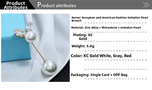 Detailed view of fashion safety pin brooch with zinc alloy, rhinestones and pearls