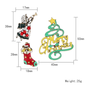 3er-Set Weihnachtsbroschen mit Engel, Socke und Weihnachtsbaum mit Kristallen