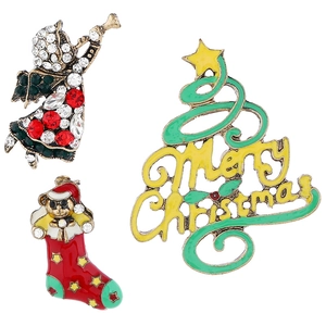 Dreiteiliges Weihnachts-Brosche-Set mit Strass-Engel, Socken und Tannenbaum-Anstecker