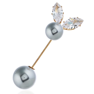 Detailed view of elegant gold stick pin with grey pearls and marquise-cut zircons