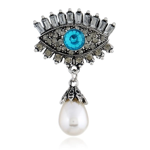 Retro evil eye brooch with blue crystal, rhinestones and drop pearl in antique silver
