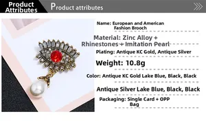 Detail view of Evil Eye brooch with red rhinestone and hanging teardrop pearl
