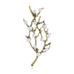 Broche en Alliage Vintage Forme de Branche d'Arbre pour Femmes Or Argent Antique Plaque Elegante Imitation Künstliche Perle Bijoux Cadeau