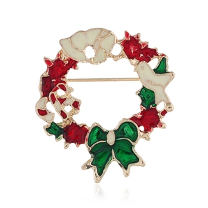 Broche Couronne De Noël Émail Goutte Ton Or Alliage Houx Baie Nœud Épingle Bijoux Festifs Cadeau Pour Femmes Fête