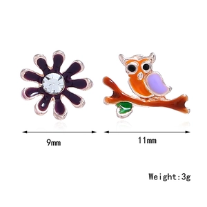 Asymmetric owl and purple flower stud earrings set with crystal center for women
