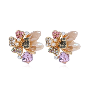 Elegant floral crystal earrings with pink rhinestones and purple pendant drops on gold base