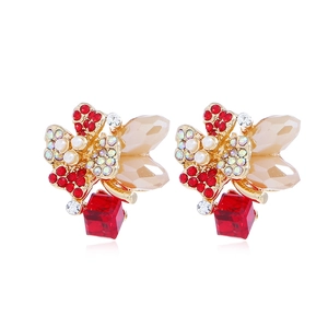 Elegant butterfly crystal stud earrings with gold plating and red gemstone pendants