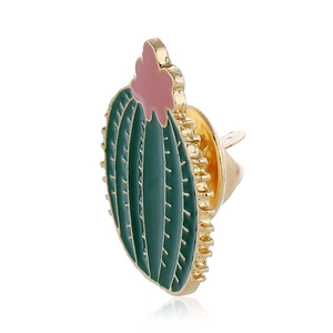 Enamel green cactus brooch with pink flower and golden edges on a white background
