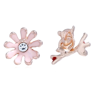 Asymmetric pink flower and owl stud earrings in rose gold finish with crystals