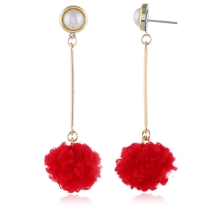 Long pearl earrings with golden bars and fluffy red pom-pom balls for women