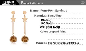 Detailed view of leopard print pom-pom earrings with star-shaped gold zinc alloy charms