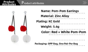 Detail of multi-layered plush ball earrings with zinc alloy chain and crystal studs