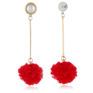 Elegant long drop earrings with white pearls and bright red fluffy fur pom-poms