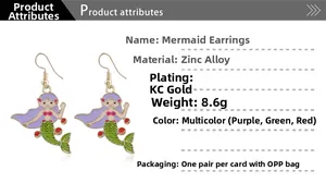 Détails de boucles d'oreilles sirène colorées en alliage de zinc et placage d'or KC