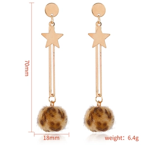 Star earrings with leopard print faux fur balls and gold metal chain drops