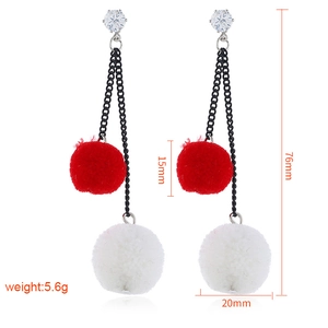 Fashionable asymmetric red and white plush pom pom drop earrings with zircon studs