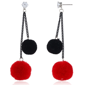 Fashionable Korean long chain tassel earrings with pom-poms and sparkling crystal studs