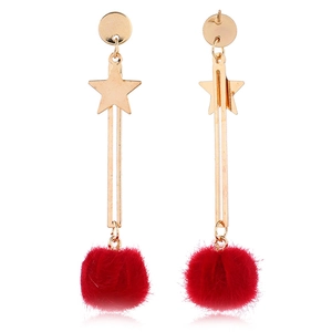 Star moon gold earrings with red mink fur ball charms on minimalist metal chain