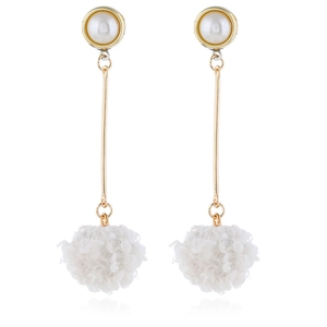 Detail of long gold drop earrings with white pearl studs and fluffy faux fur pom poms