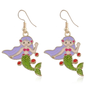 Boucles d'Oreilles Crochet Sirène en Alliage Émaillé Cheveux Violets Queue Verte Bijoux Mignons pour Petites Filles Cadeau d'Anniversaire