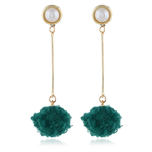 Fashionable long drop earrings with pearl studs, gold bar and green faux fur pompom balls