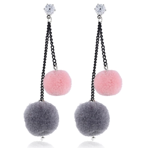Korean style dangling earrings with pink and grey pom poms and black metal chains