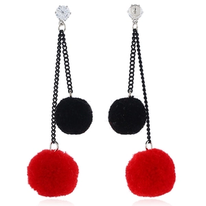 Korean style long drop earrings with red and black plush pom poms and zircon accents