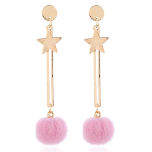 Elegant gold star and moon earrings with soft pink mink fur pom-poms for women