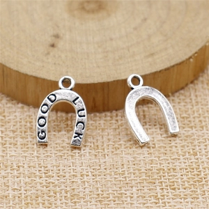Silver horseshoe pendants with Good Luck engraving for DIY jewelry making and necklaces