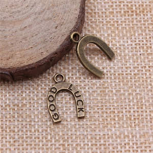 Vintage bronze horseshoe pendant with Good Luck engraving for DIY jewelry making
